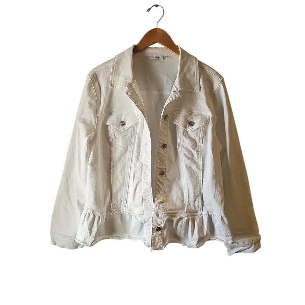 Chicos 3 Peplum Raw Hem White Denim Jacket Sz XL_2
